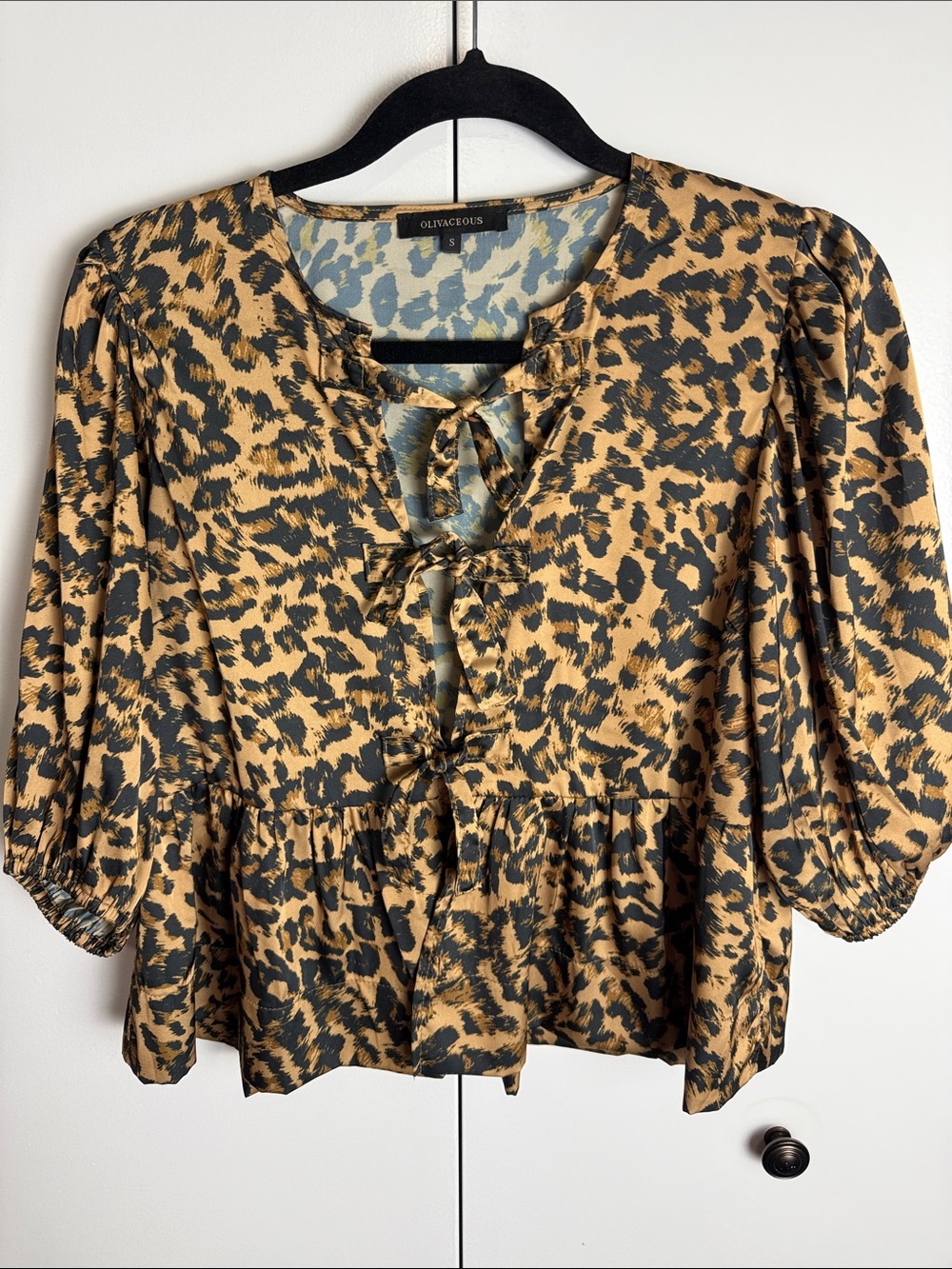 Olivaceous Leopard-Print Tie-Front Peplum Blouse - Tan/Black small coquette